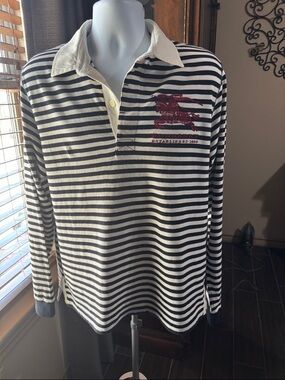 Burberry Navy and White Striped Polo with Red Equestrian Crest